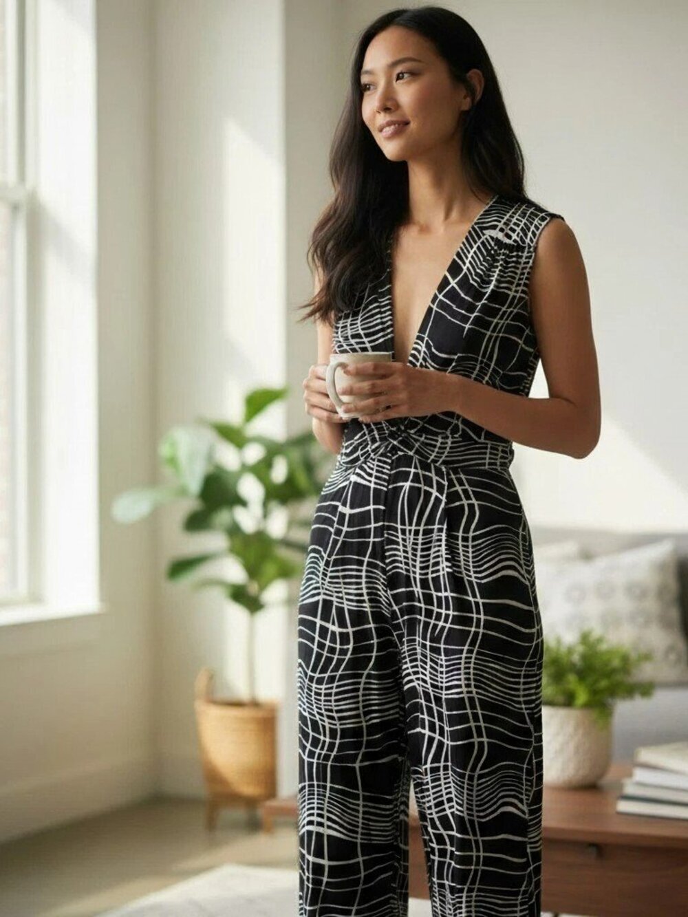 T-Bags Los Angeles Small Black White Plaid Sleeveless Deep V Neck Jumpsuit